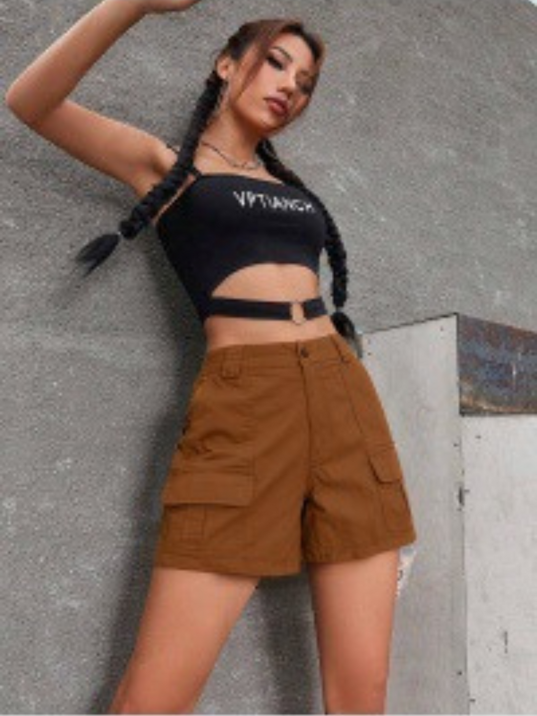 Womens Cargo Shorts with Belt Loops and Button Fly