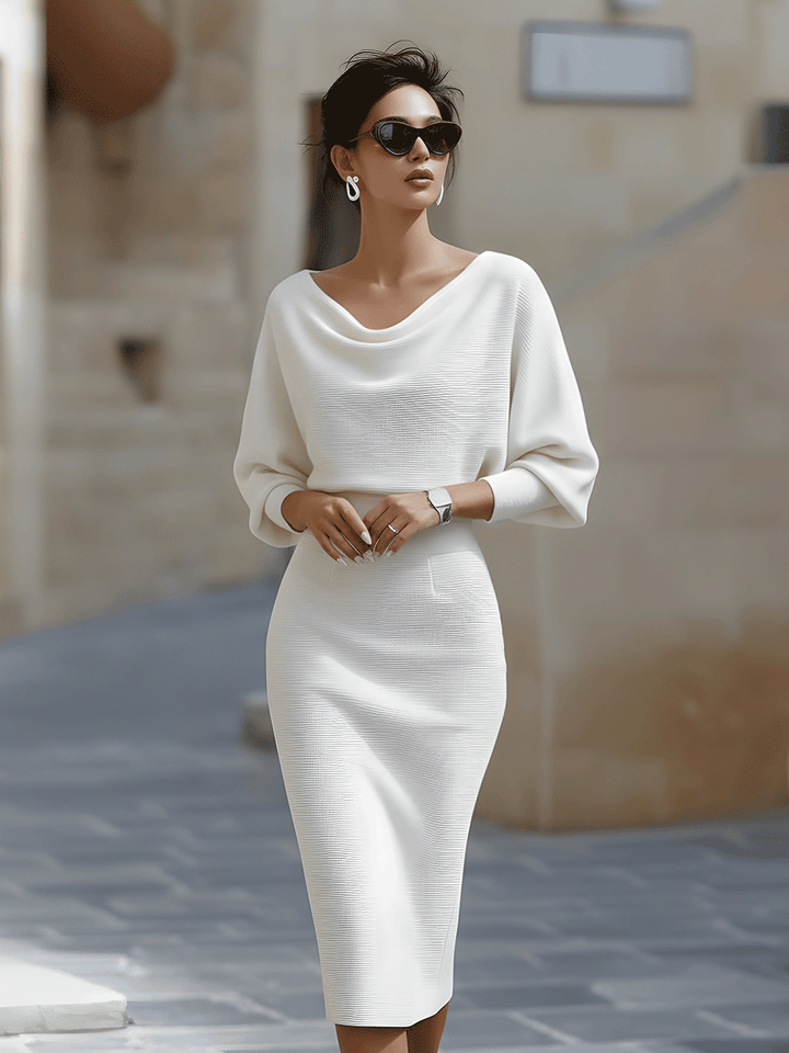 Womens Midi Bodycon Knit Dress with Cowl Neck and Batwing Sleeves - BritishMode