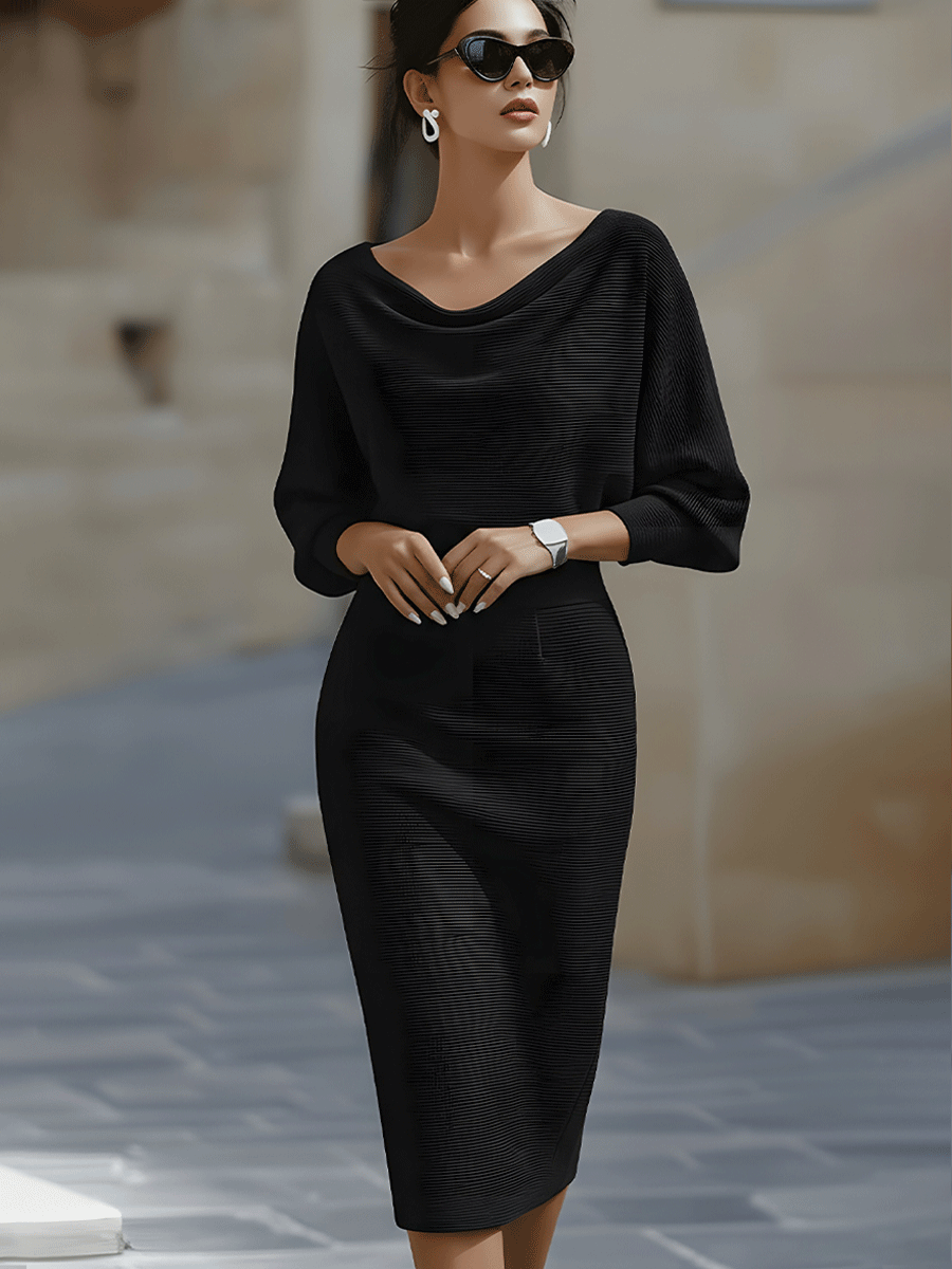 Womens Midi Bodycon Knit Dress with Cowl Neck and Batwing Sleeves