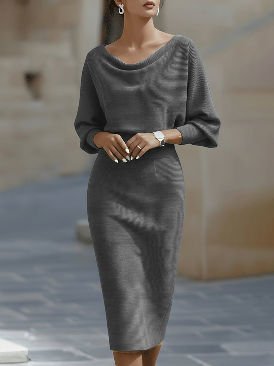Womens Midi Bodycon Knit Dress with Cowl Neck and Batwing Sleeves