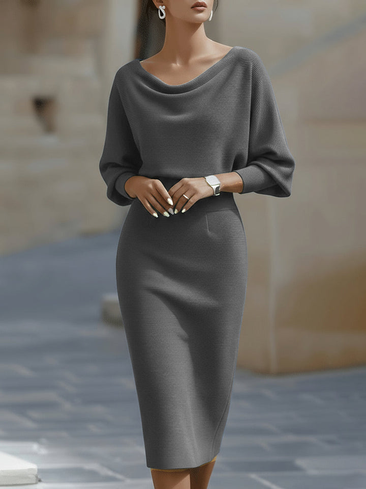 Womens Midi Bodycon Knit Dress with Cowl Neck and Batwing Sleeves