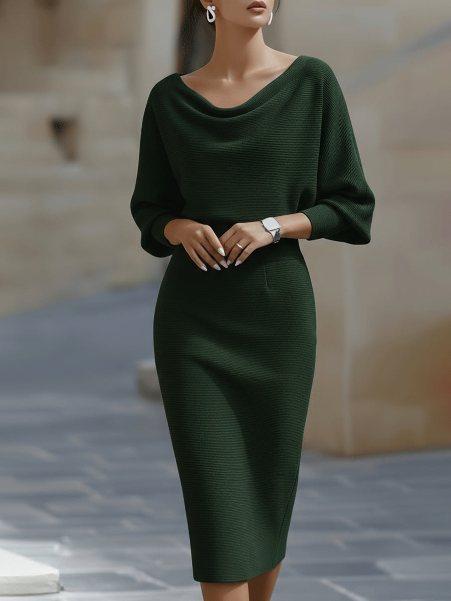 Womens Midi Bodycon Knit Dress with Cowl Neck and Batwing Sleeves
