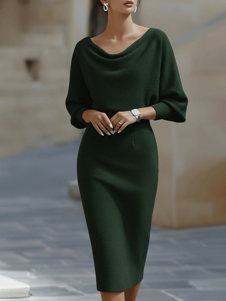 Womens Midi Bodycon Knit Dress with Cowl Neck and Batwing Sleeves