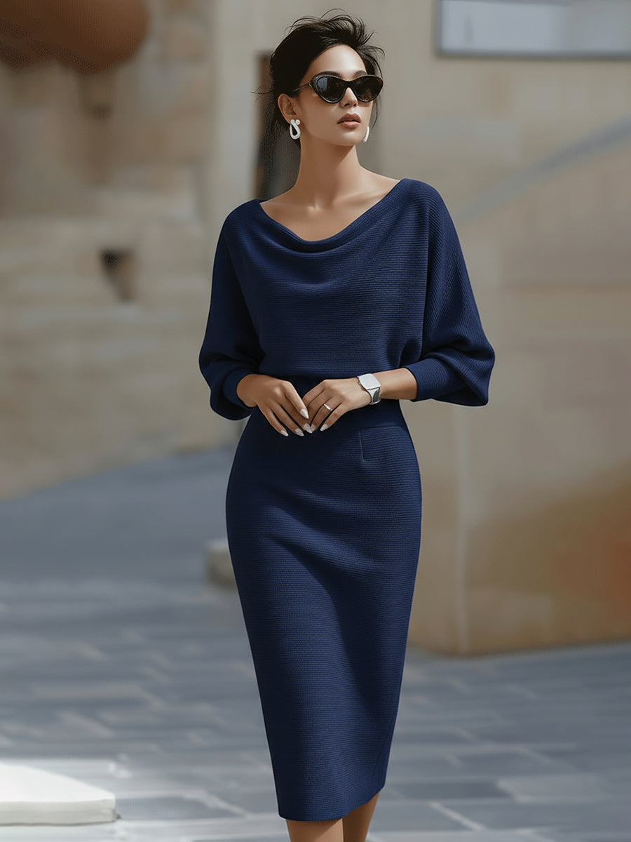 Womens Midi Bodycon Knit Dress with Cowl Neck and Batwing Sleeves