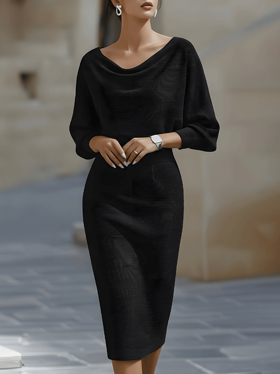 Womens Midi Bodycon Knit Dress with Cowl Neck and Batwing Sleeves