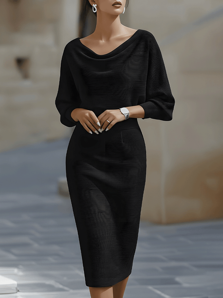 Womens Midi Bodycon Knit Dress with Cowl Neck and Batwing Sleeves