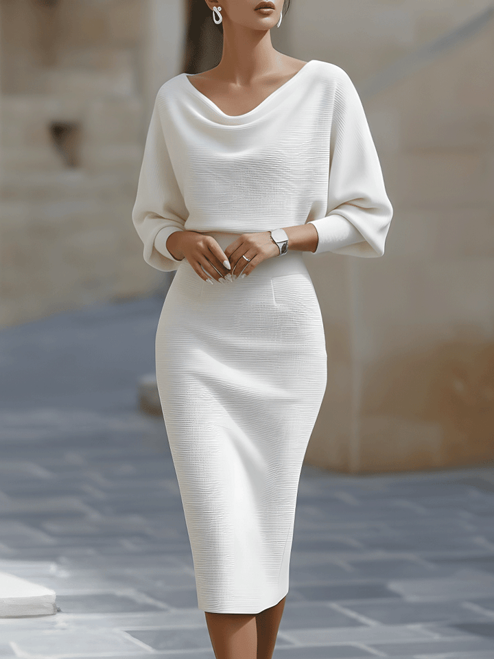 Womens Midi Bodycon Knit Dress with Cowl Neck and Batwing Sleeves