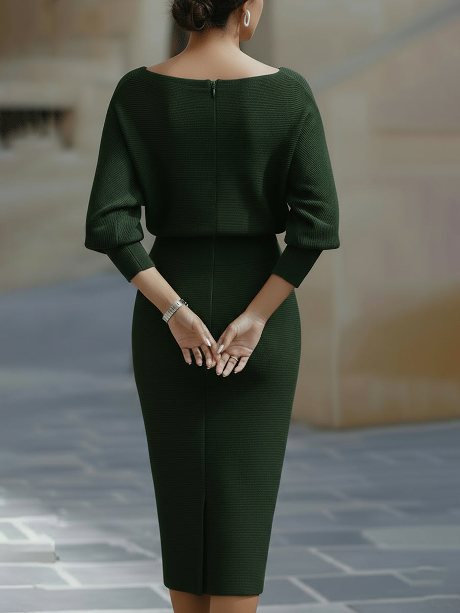 Womens Midi Bodycon Knit Dress with Cowl Neck and Batwing Sleeves