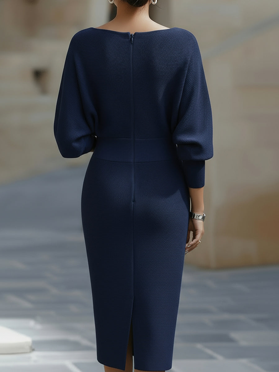 Womens Midi Bodycon Knit Dress with Cowl Neck and Batwing Sleeves