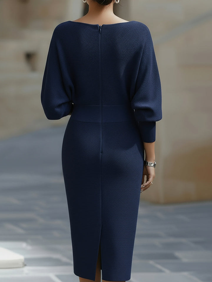 Womens Midi Bodycon Knit Dress with Cowl Neck and Batwing Sleeves