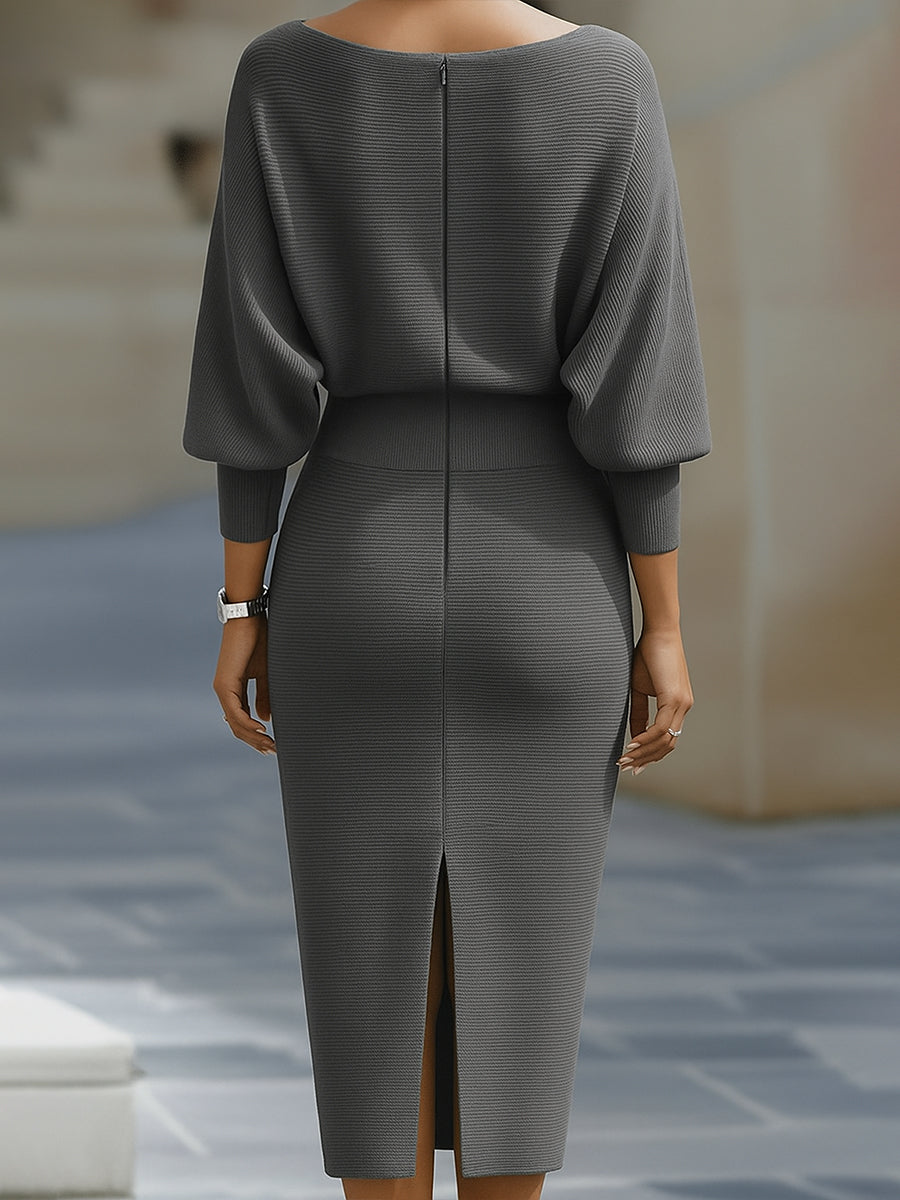 Womens Midi Bodycon Knit Dress with Cowl Neck and Batwing Sleeves