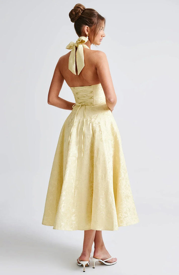 Womens Midi Dress Jacquard Halter Neck Corset Back