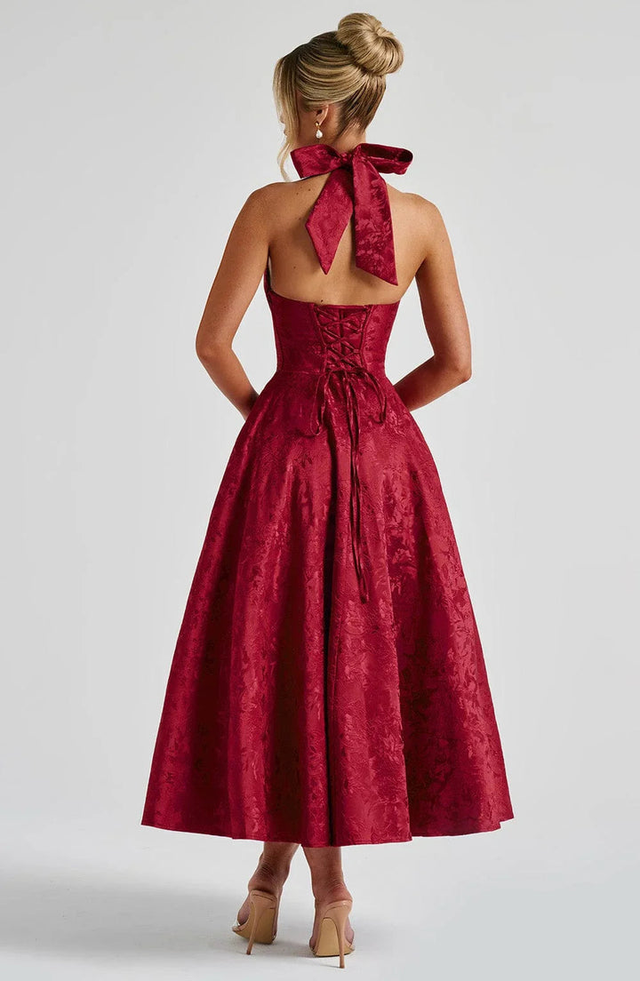 Womens Midi Dress Jacquard Halter Neck Corset Back