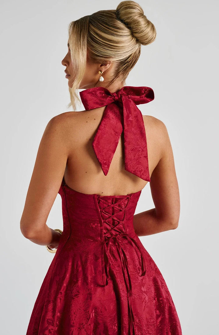 Womens Midi Dress Jacquard Halter Neck Corset Back