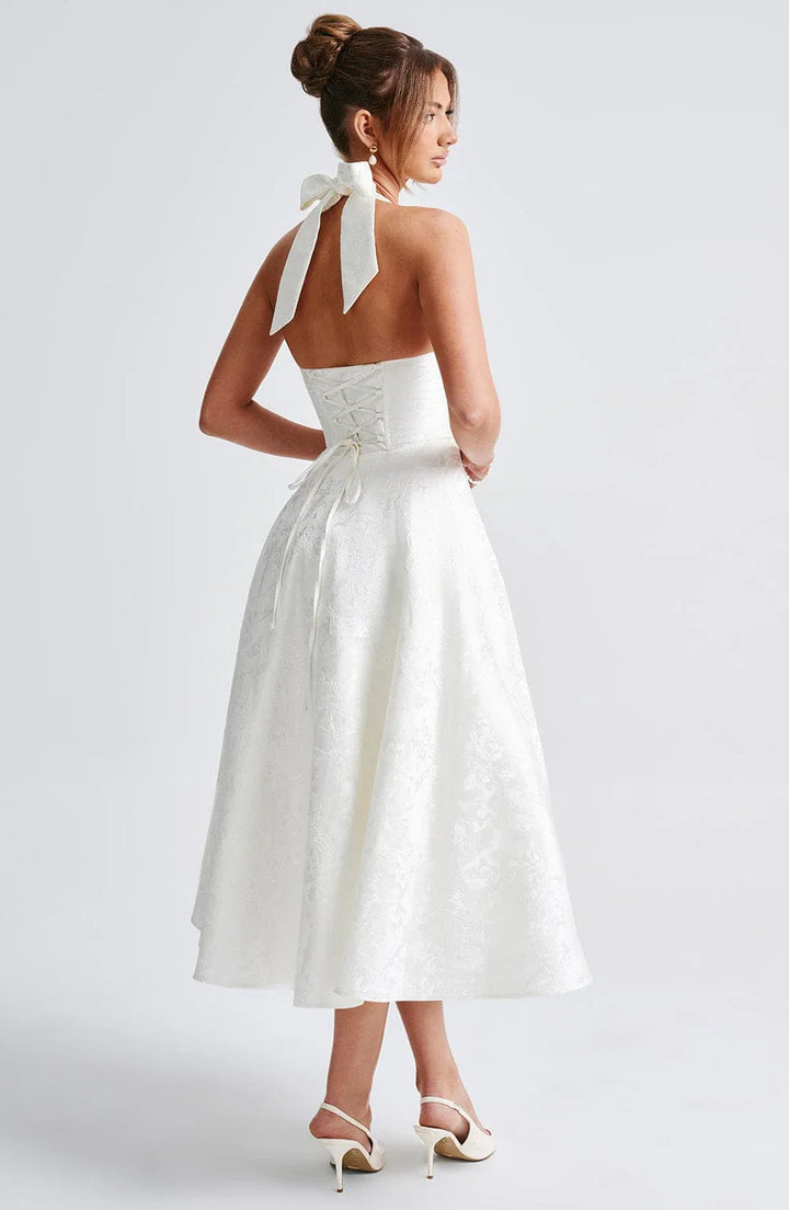 Womens Midi Dress Jacquard Halter Neck Corset Back