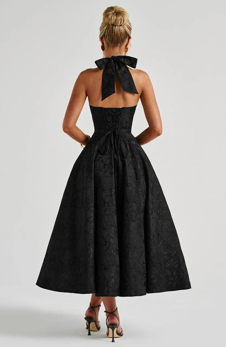 Womens Midi Dress Jacquard Halter Neck Corset Back