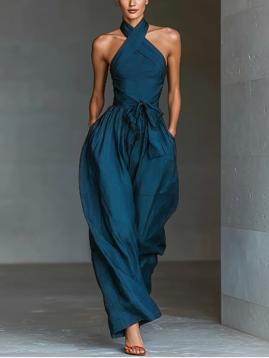 Womens Halter Neck Jumpsuit Wide Leg Self-Tie Waist - BritishMode