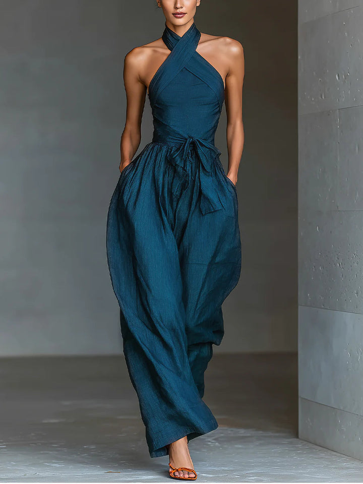 Womens Halter Neck Jumpsuit Wide Leg Self-Tie Waist - BritishMode