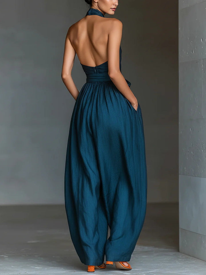 Womens Halter Neck Jumpsuit Wide Leg Self-Tie Waist