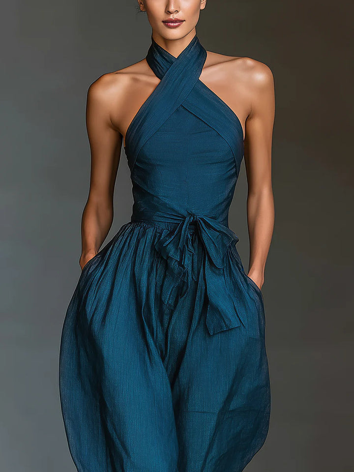 Womens Halter Neck Jumpsuit Wide Leg Self-Tie Waist