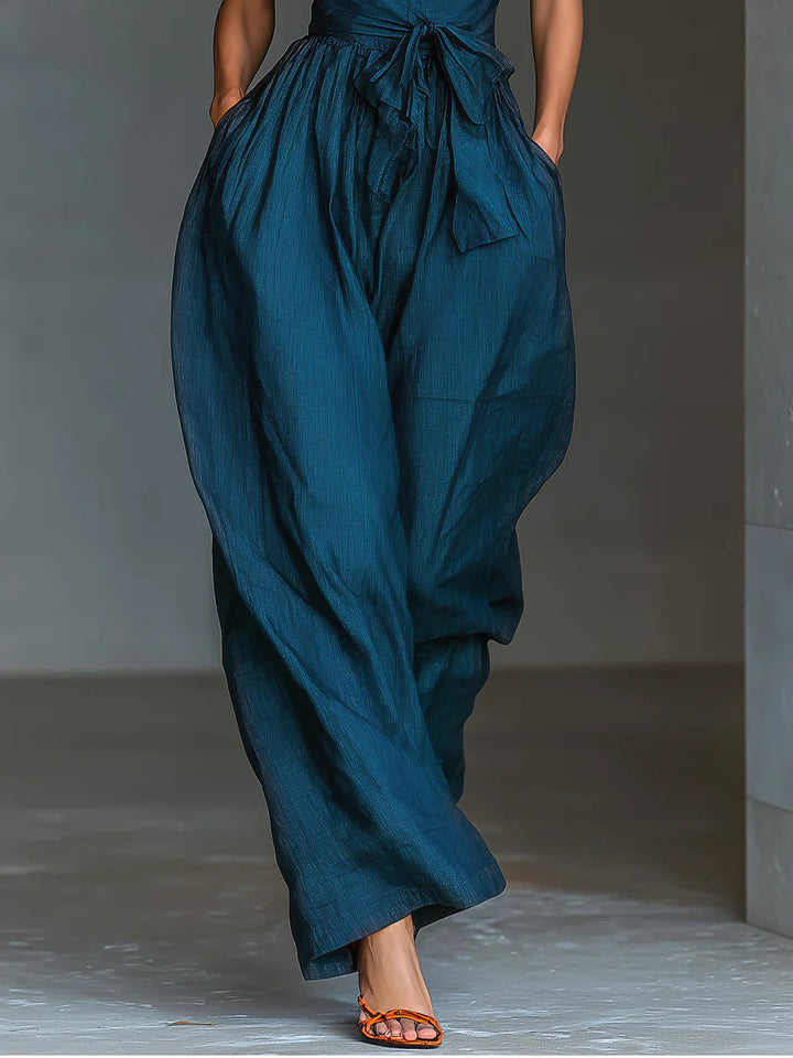 Womens Halter Neck Jumpsuit Wide Leg Self-Tie Waist