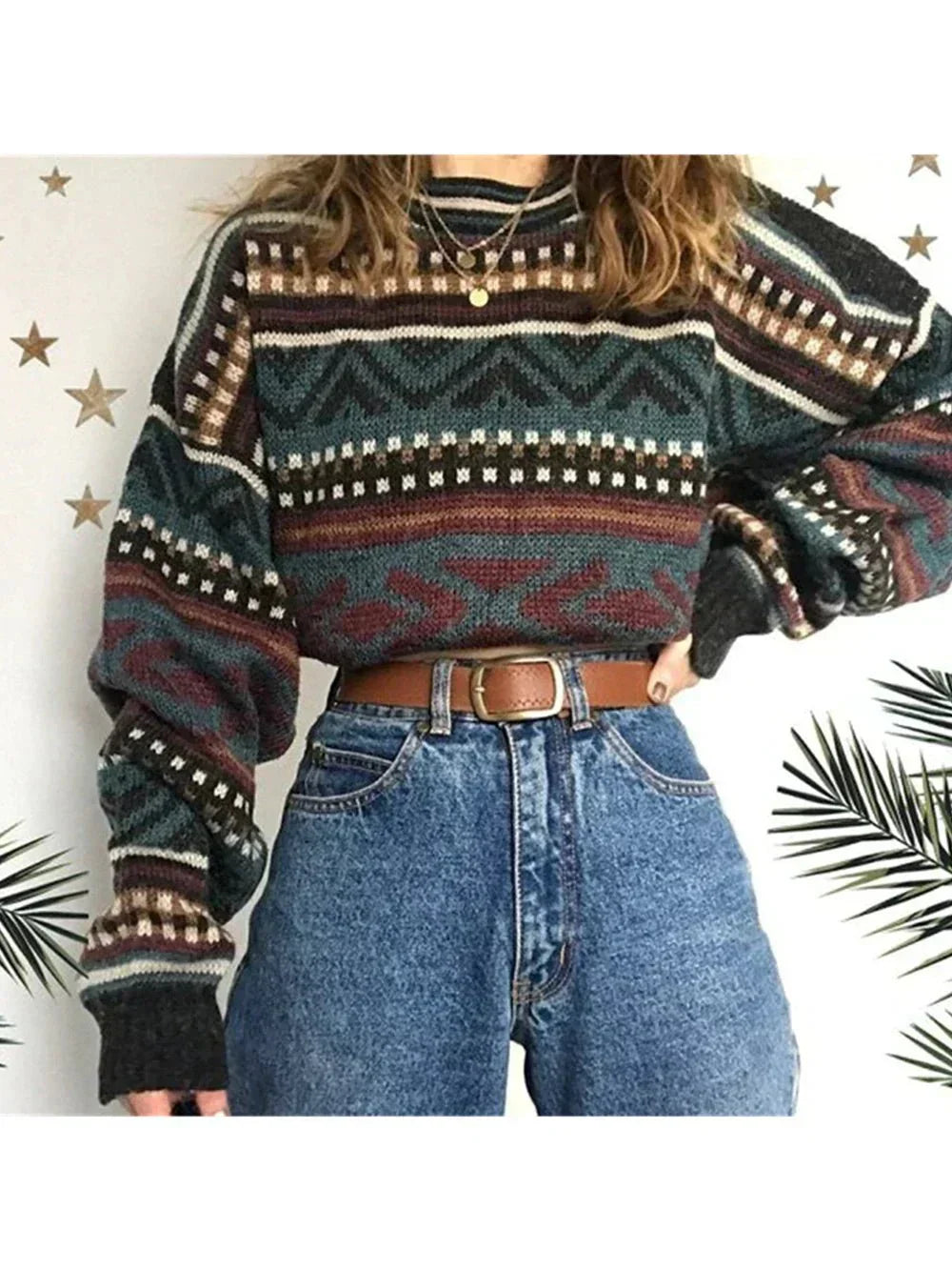 Womens Sweater Geometric Print Winter Style