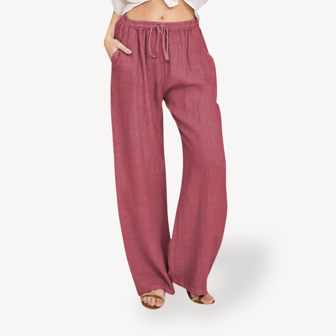 Womens Linen Wide-Leg Pants Drawstring Relaxed Fit