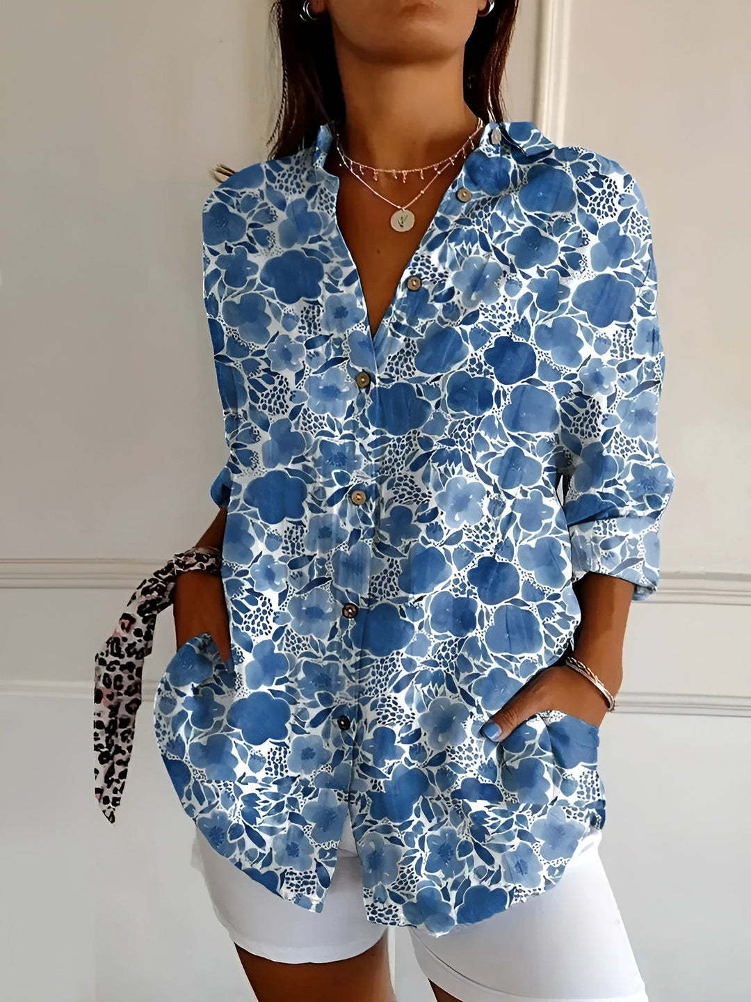 Womens V-Neck Blouse with Button Front and Chest Pockets - BritishMode