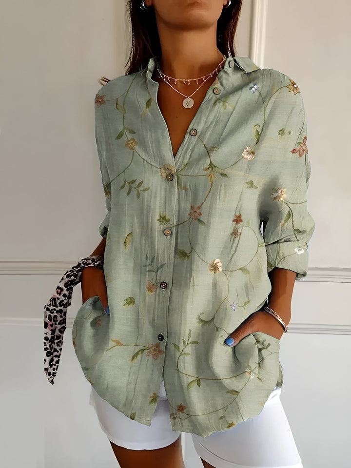 Womens V-Neck Blouse with Button Front and Chest Pockets