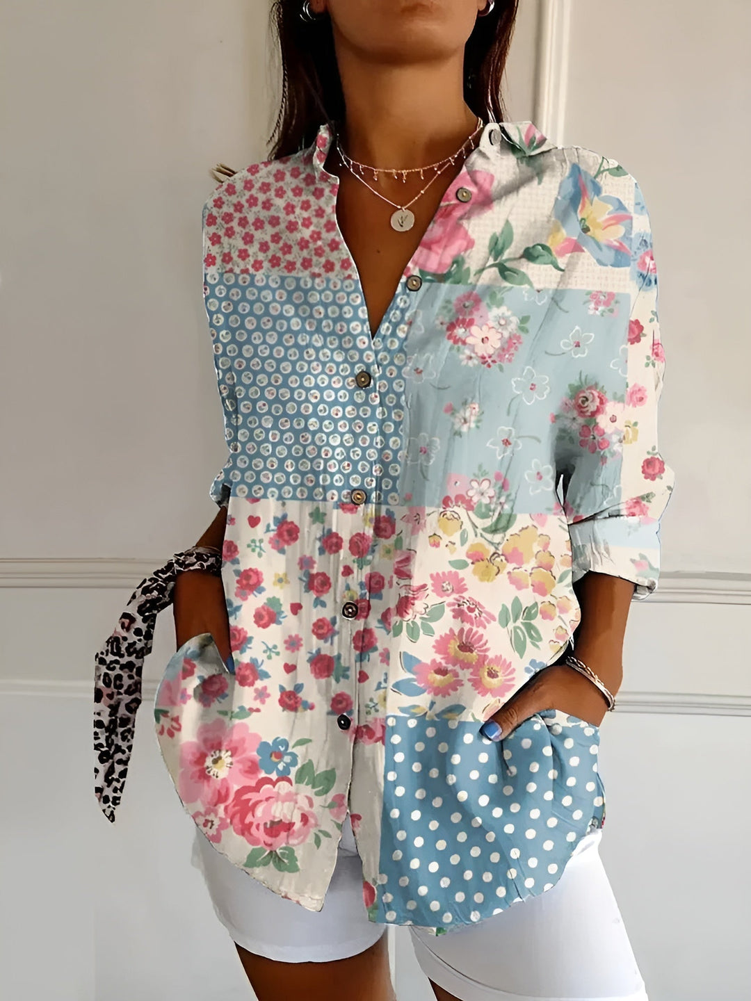 Womens V-Neck Blouse with Button Front and Chest Pockets