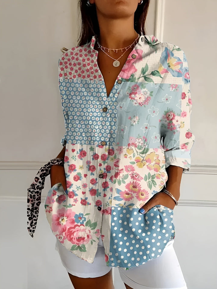 Womens V-Neck Blouse with Button Front and Chest Pockets