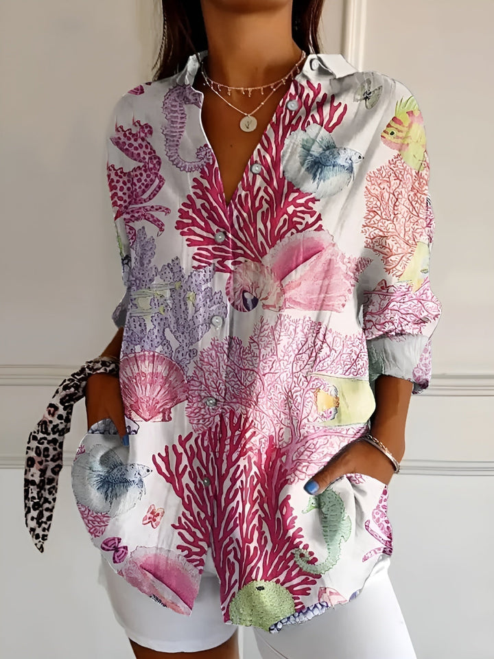 Womens V-Neck Blouse with Button Front and Chest Pockets