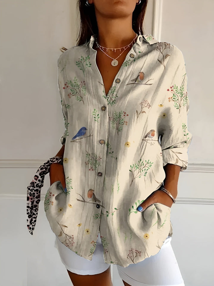 Womens V-Neck Blouse with Button Front and Chest Pockets