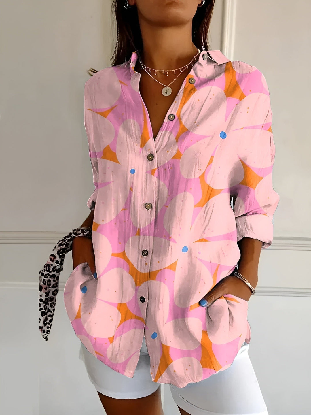 Womens V-Neck Blouse with Button Front and Chest Pockets