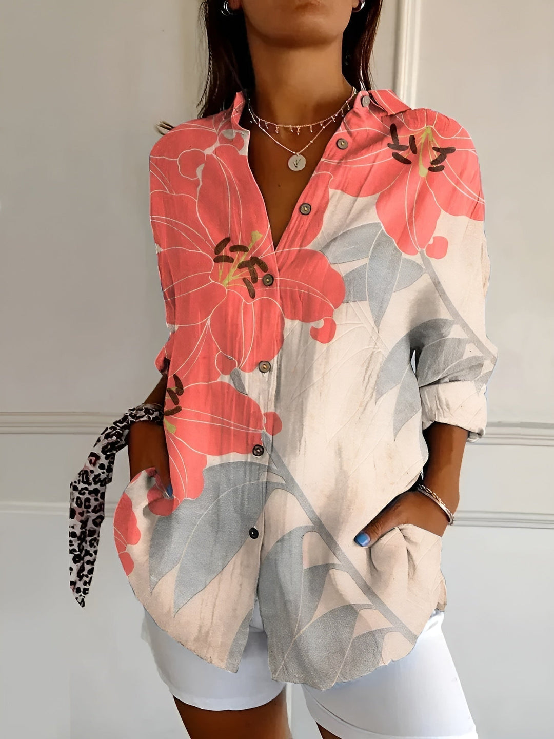 Womens V-Neck Blouse with Button Front and Chest Pockets
