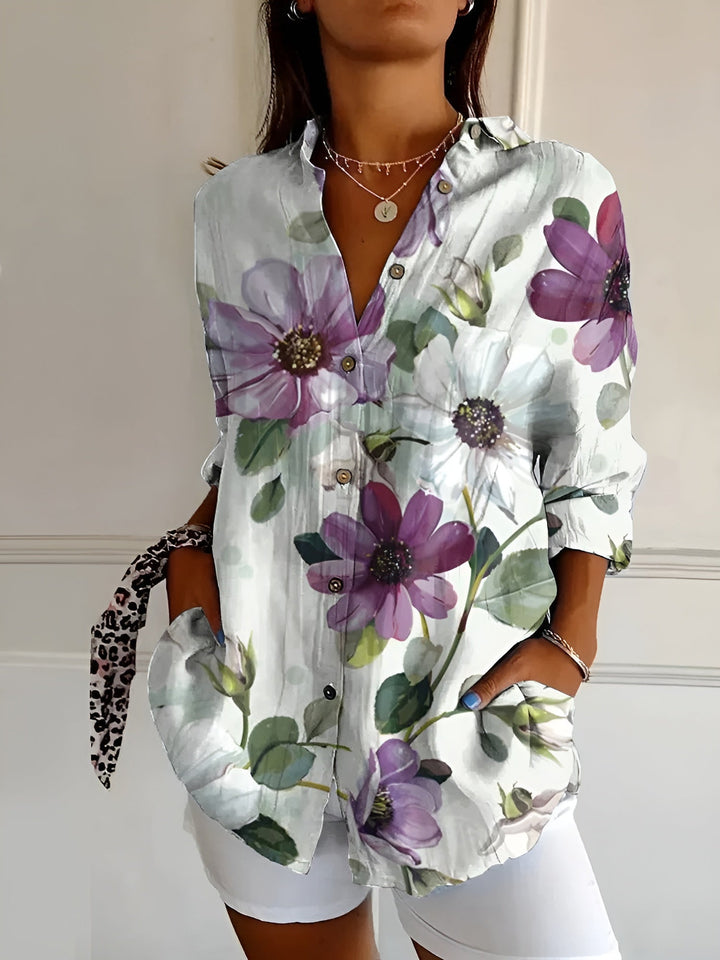 Womens V-Neck Blouse with Button Front and Chest Pockets