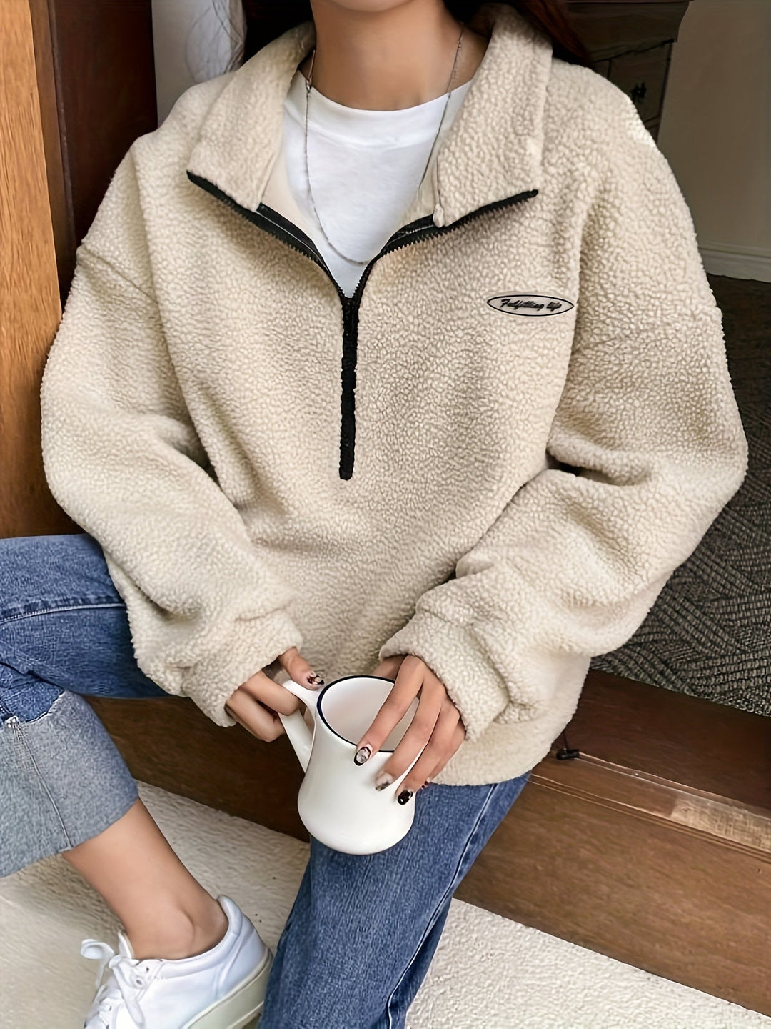 Womens Quarter-Zip Pullover Sweatshirt Plain Fit - BritishMode