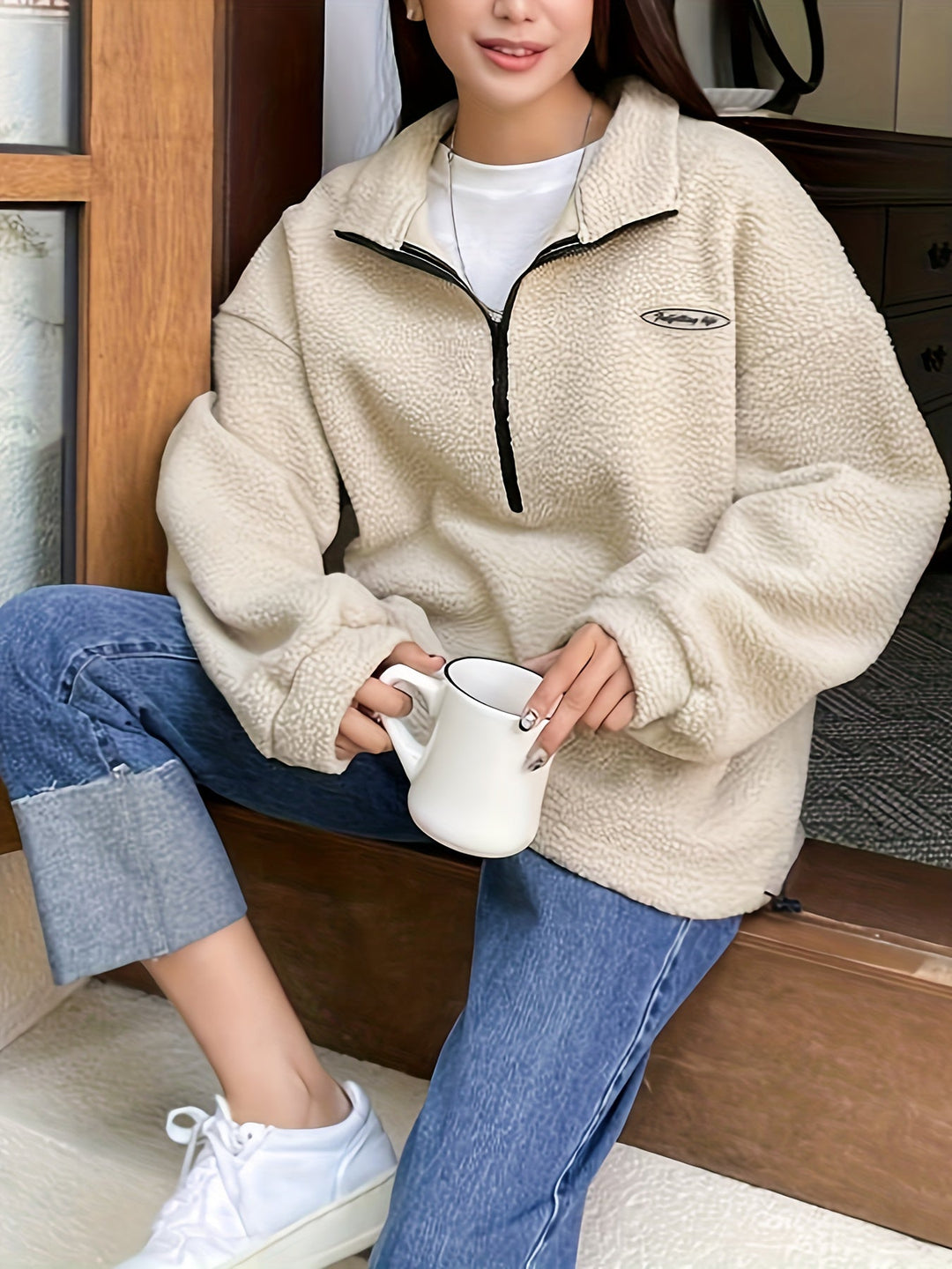 Womens Quarter-Zip Pullover Sweatshirt Plain Fit