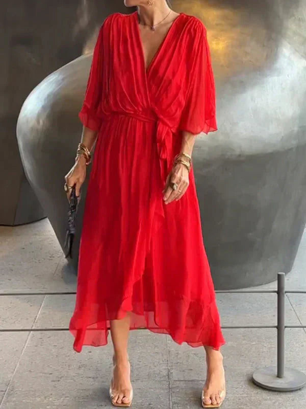 Womens Silk Dress V-Neck Elegant Fit