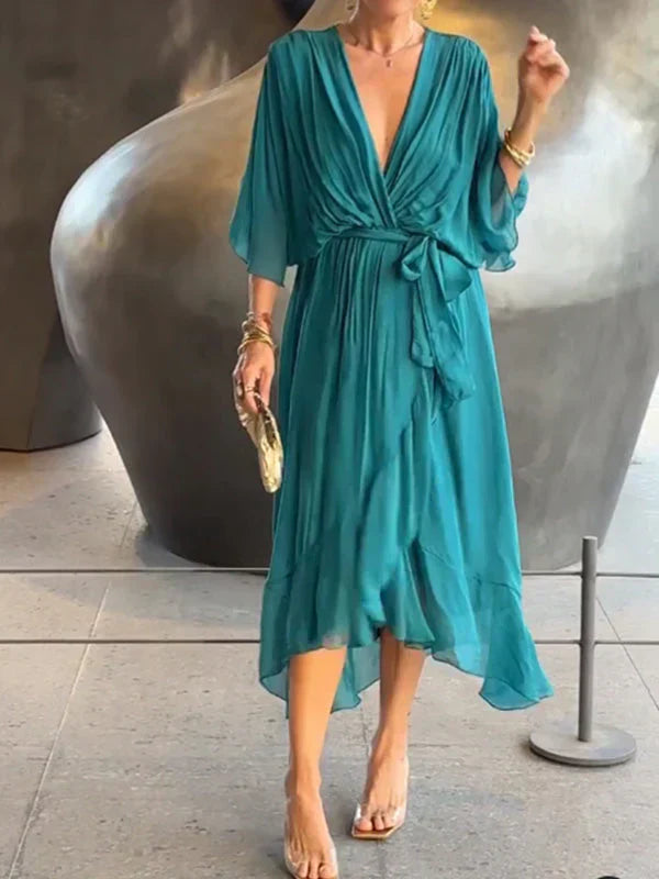 Womens Silk Dress V-Neck Elegant Fit