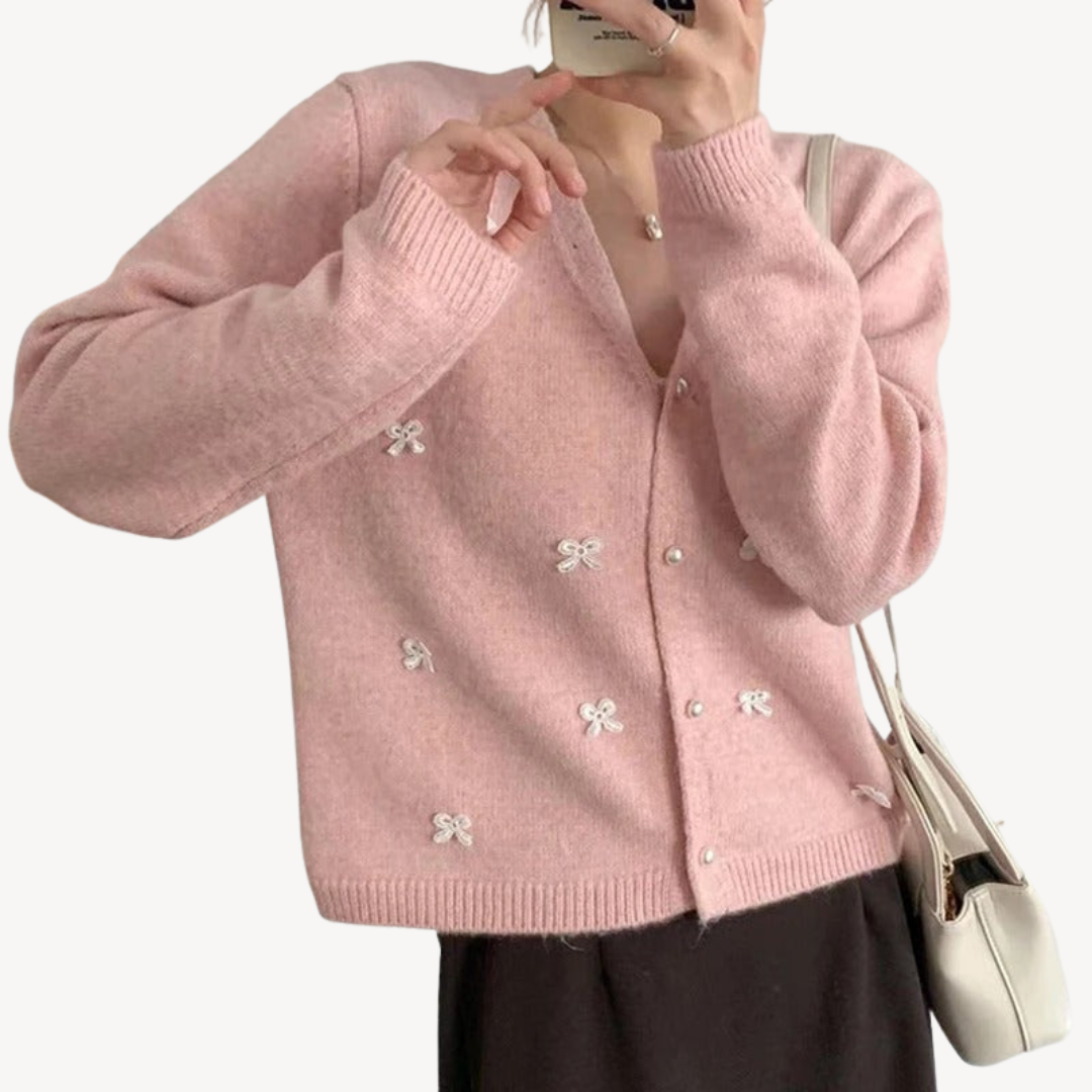 Womens Cardigan with Embroidery and Bow Detail