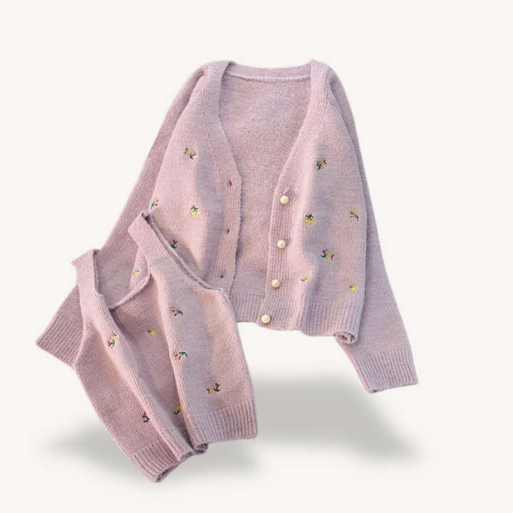 Womens Cardigan and Tank Top Set Embroidered Floral Design