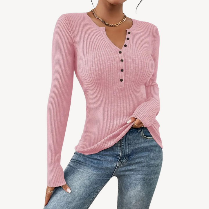 Womens Ribbed Henley Top with Buttons - BritishMode