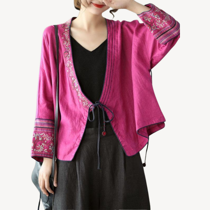 Womens Kimono Jacket Linen Blend Embroidered