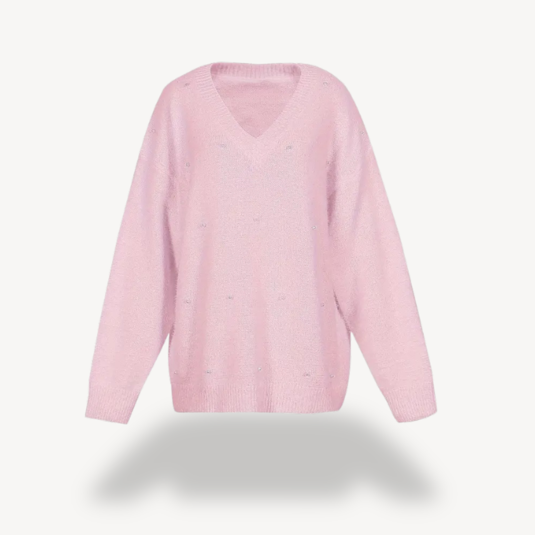 Womens V-Neck Sweater with Pearl Detail - BritishMode