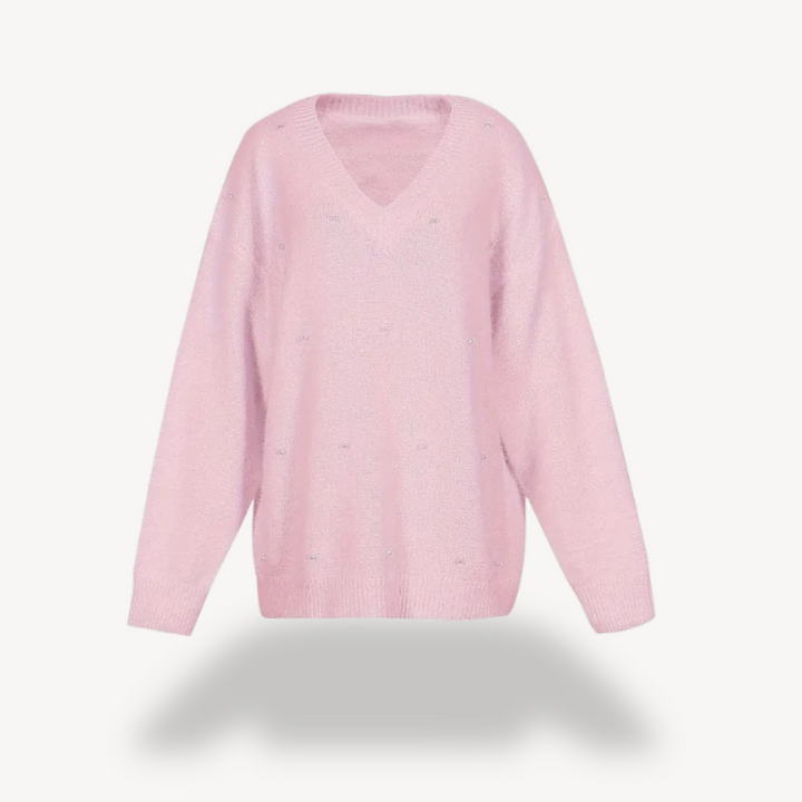 Womens V-Neck Sweater with Pearl Detail - BritishMode