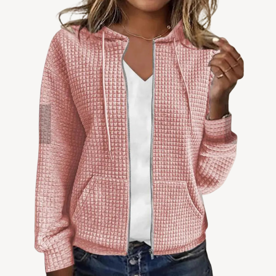 Womens Hoodie Waffle Knit Zipper Front