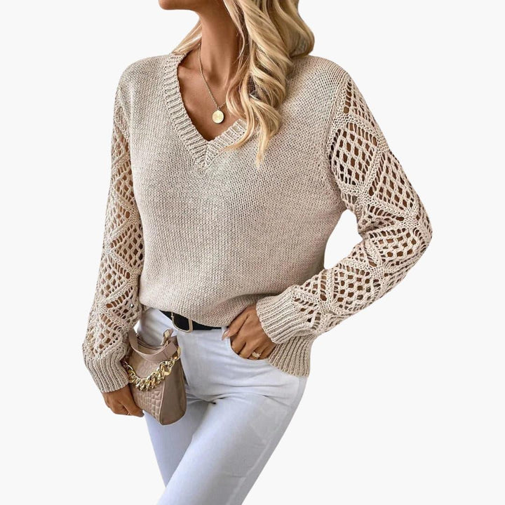 Womens Crochet Knit Jumper V-Neck with Sleeves - BritishMode