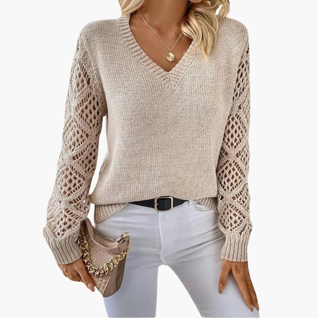 Womens Crochet Knit Jumper V-Neck with Sleeves