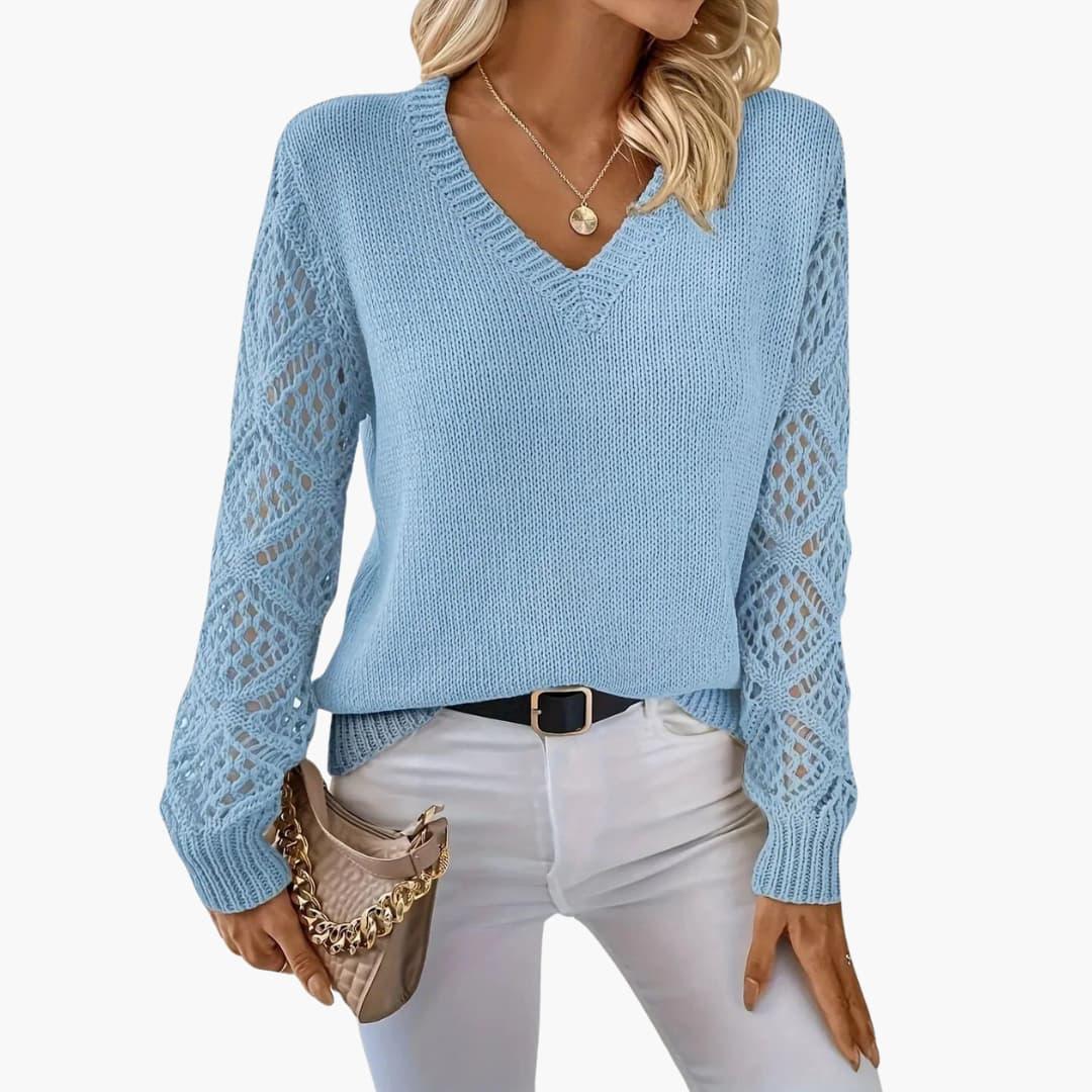 Womens Crochet Knit Jumper V-Neck with Sleeves